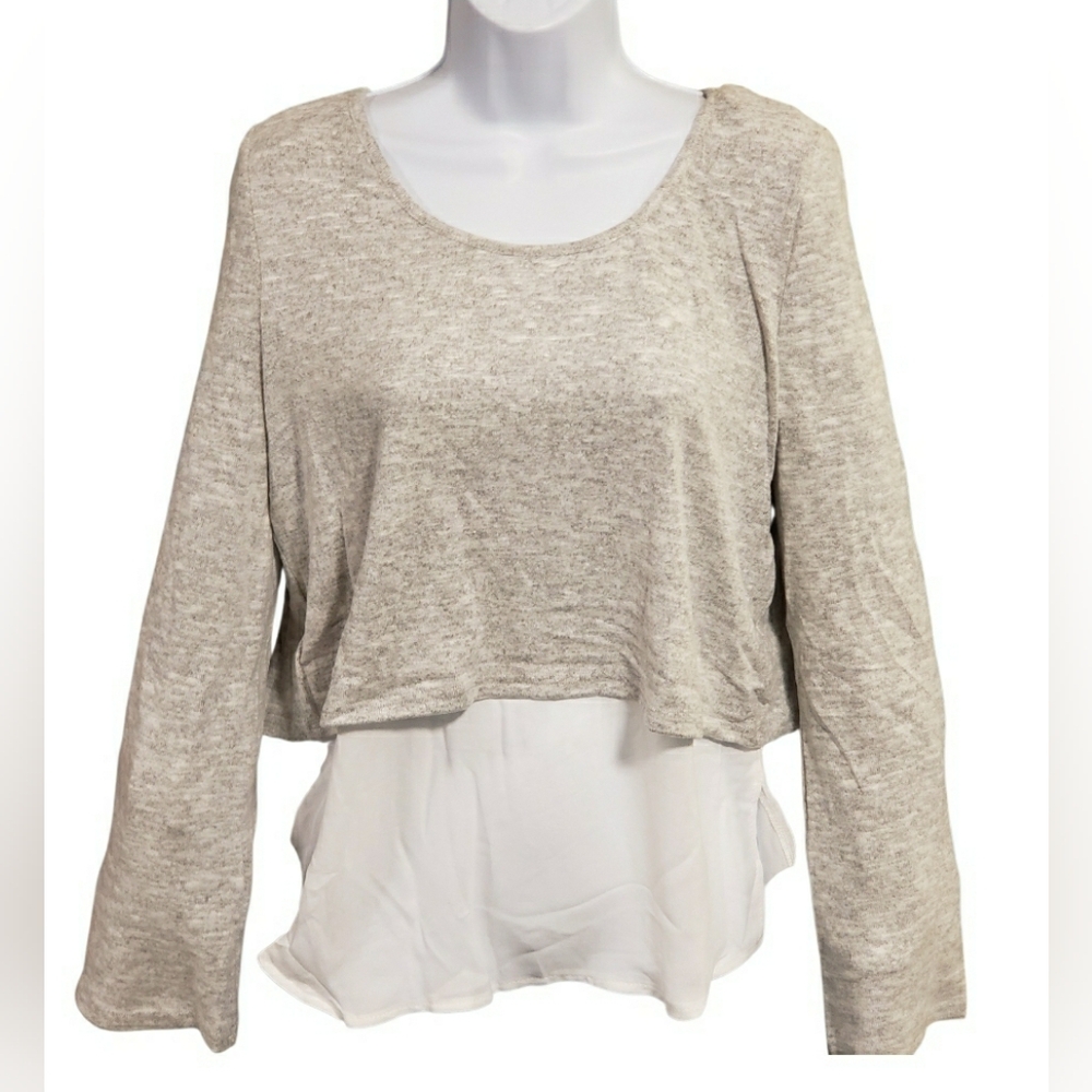 Women's Layered Long-Sleeve Top in Light Taupe with White Hem